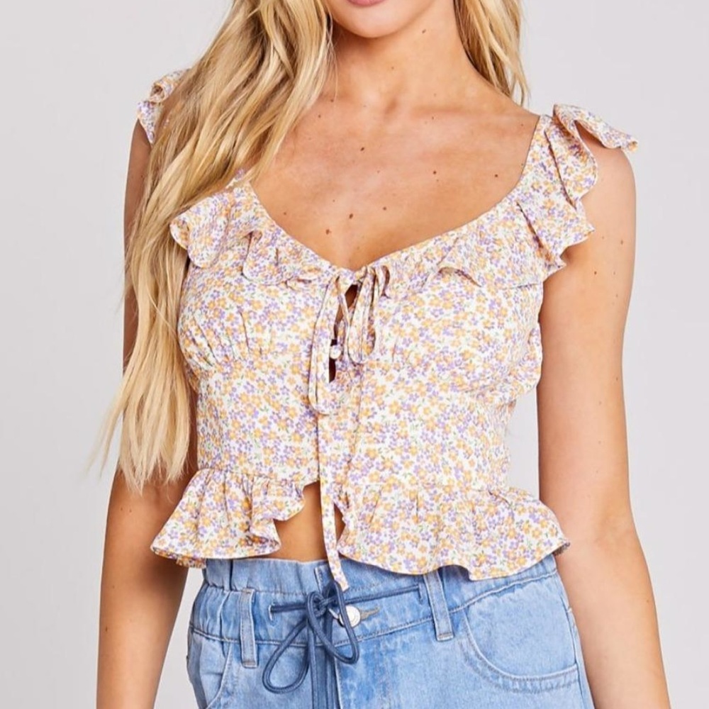 Blue Blush Ruffle Floral Crop Top